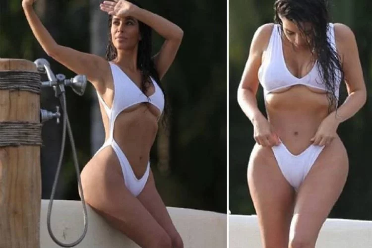 Kardashian dekolteli beyaz bikinisiyle nefes kesti!