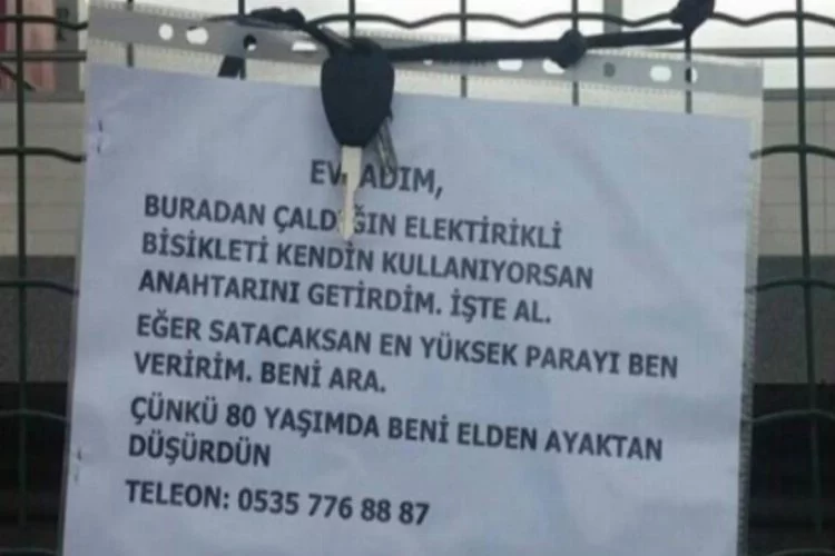 Bursa'da 80'lik dededen bisikletini çalan hırsıza not