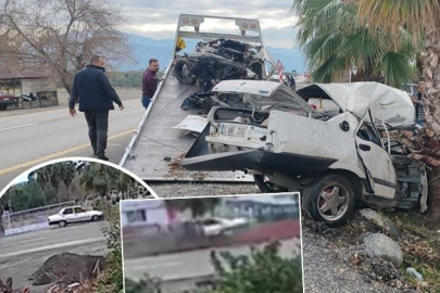 Ağaca çarpan otomobilin ikiye bölünme anı kamerada