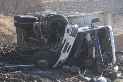 Şırnak'ta freni boşalan odun yüklü kamyon şarampole devrildi