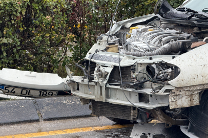 Sakarya'da kontrolden çıkan otomobil refüje çarptı, motor kısmı yandı