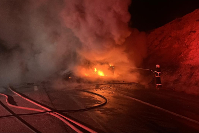 Kütahya'da lastiği patlayan tırın dorsesi yandı