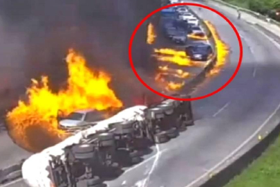 Brezilya'da tanker devrilerek alev aldı, araçlar alev topunun içinde kaldı