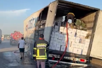 Mersin'de otoyolda kaju yüklü tırda yangın