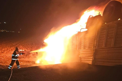 Ters dönen tır alev aldı, şoför yanarak can verdi