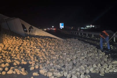 Aksaray'da köpeğe çarpmamak için sürücüsünün manevra yaptığı pancar yüklü tır refüje devrildi