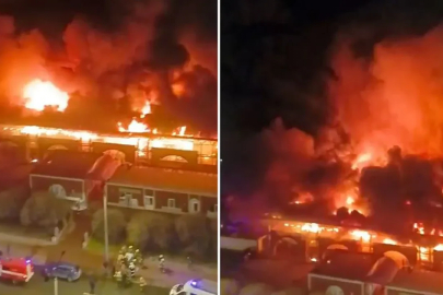 Rusya'da pazar yerinde yangın! Alevlerin yükseldiği yerden onlarca kişi tahliye edildi