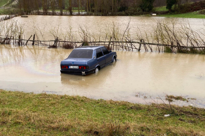 Sinop'ta kontrolden çıkan otomobil su birikintisine düştü