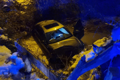 Sinop'ta buzlanan yolda otomobil dereye uçtu