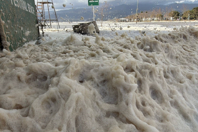 Balıkesir Edremit'te lodos sahili köpükle kapladı