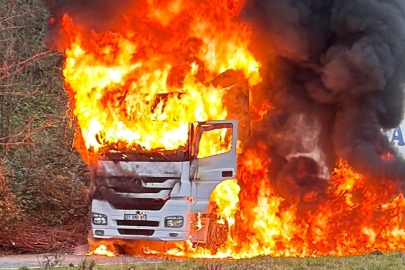 Rize'de arızalanan tır alev alev yandı