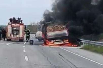 Samsun'da seyir halindeki tomruk yüklü kamyon alevlere teslim oldu