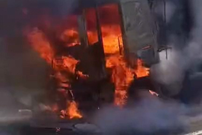 Seyir halindeki tır alev alev yandı
