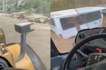 Hakkari'de dere taştı: Yolda mahsur kalan minibüs 3 saatlik çalışmayla kurtarıldı