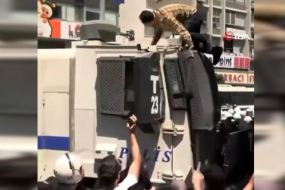 İzmir mitingi öncesi TOMA'nın üzerine çıkmıştı! Gözaltına alındı