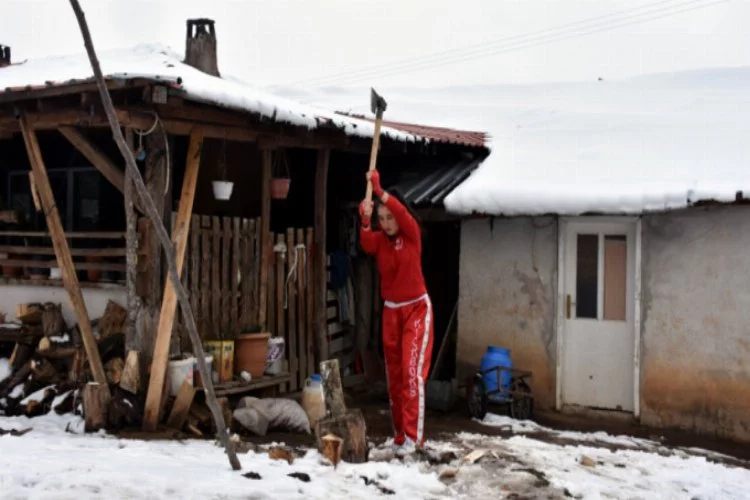 Bursa'da eğitimini sürdüren kick boks şampiyonu odun kırarak form tutuyor
