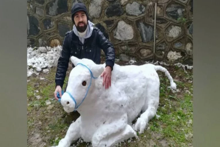 Bursa'da kardan boğa yaptı, görenler gerçek sandı