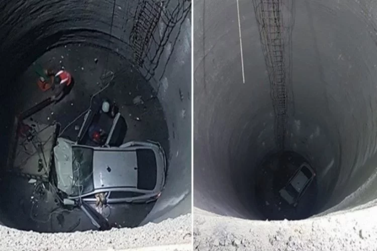 Otomobil 25 metre yüksekliğindeki metro inşaatına düştü!