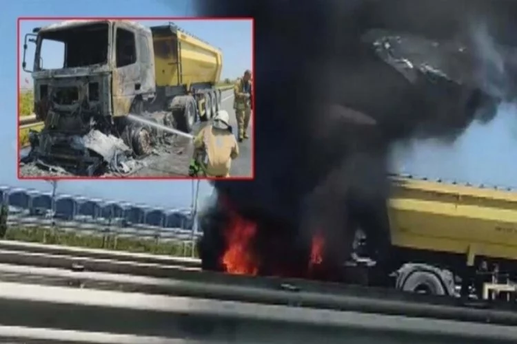 Kuzey Marmara Otoyolu'nda hafriyat kamyonu alev alev yandı